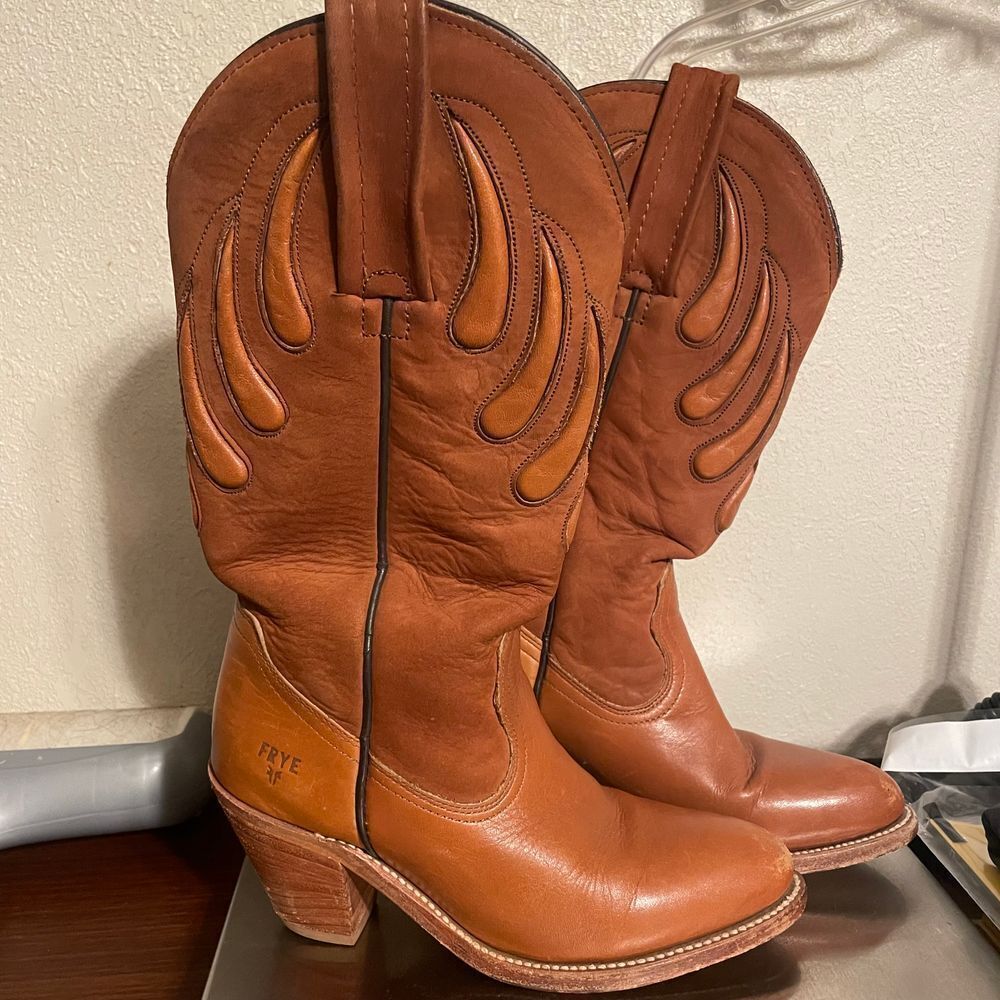 Frye Bear‎ Claw cowgirl Western block heel Boots cognac Leather 4.5 - Picture 10 of 16
